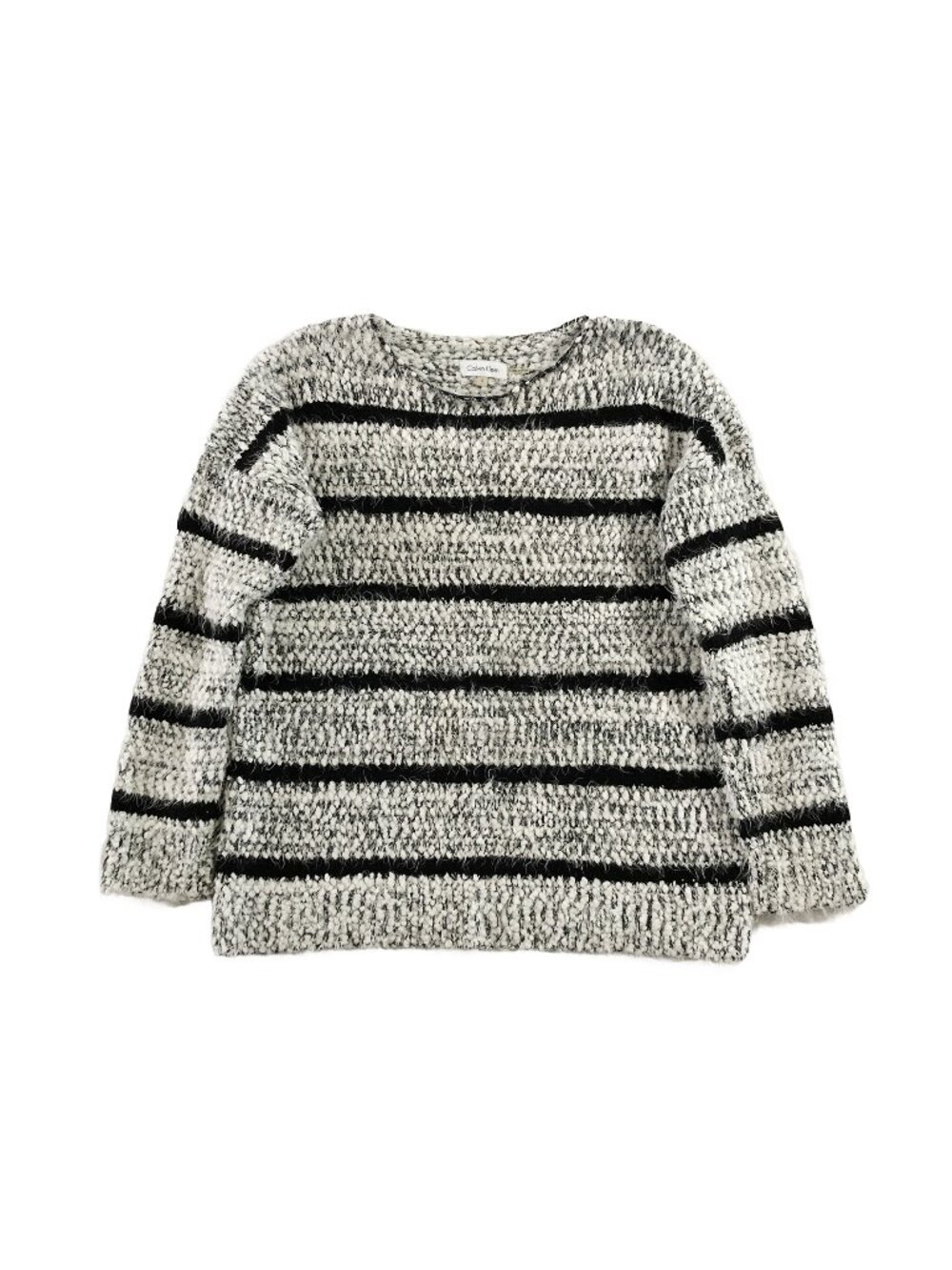 Calvin Klein Sweater S White Black Striped Popcorn Knit Marled Hairy Fuzzy Soft